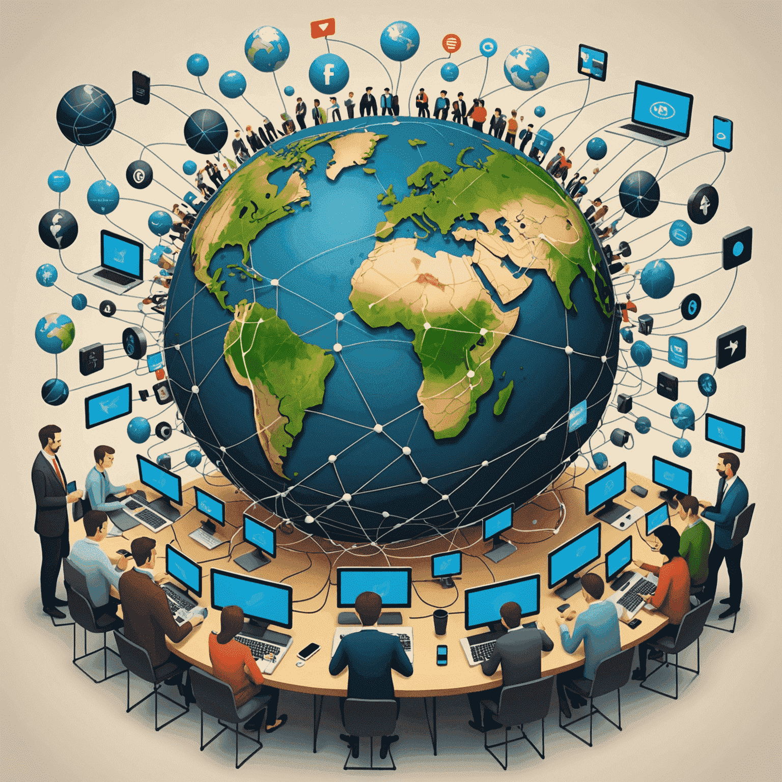 An illustration depicting the global impact of the internet revolution, with interconnected devices, people, and businesses across the world