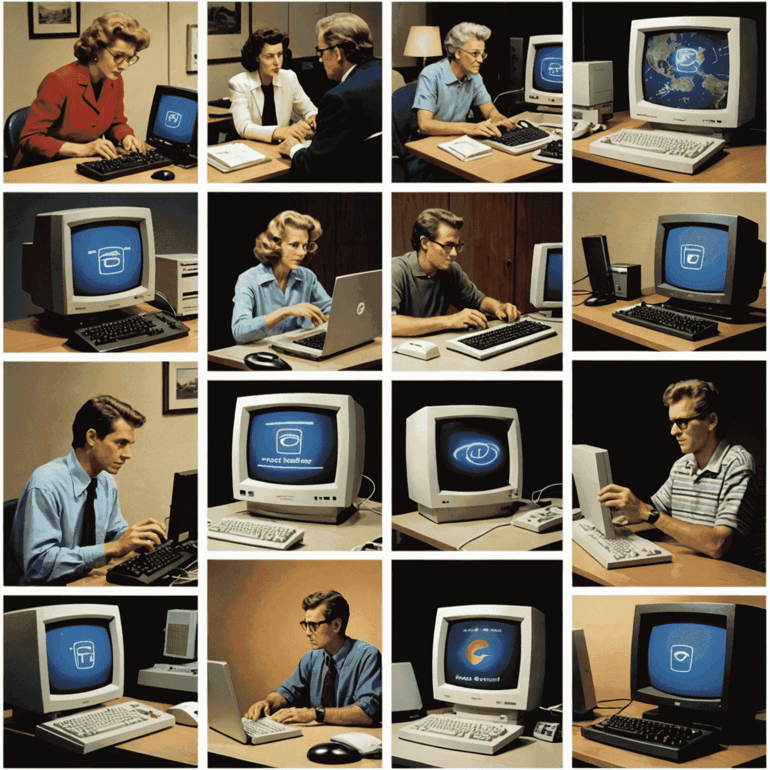 A collage of images representing the early days of the internet, including a dial-up modem, an early web browser, and people using computers to connect online