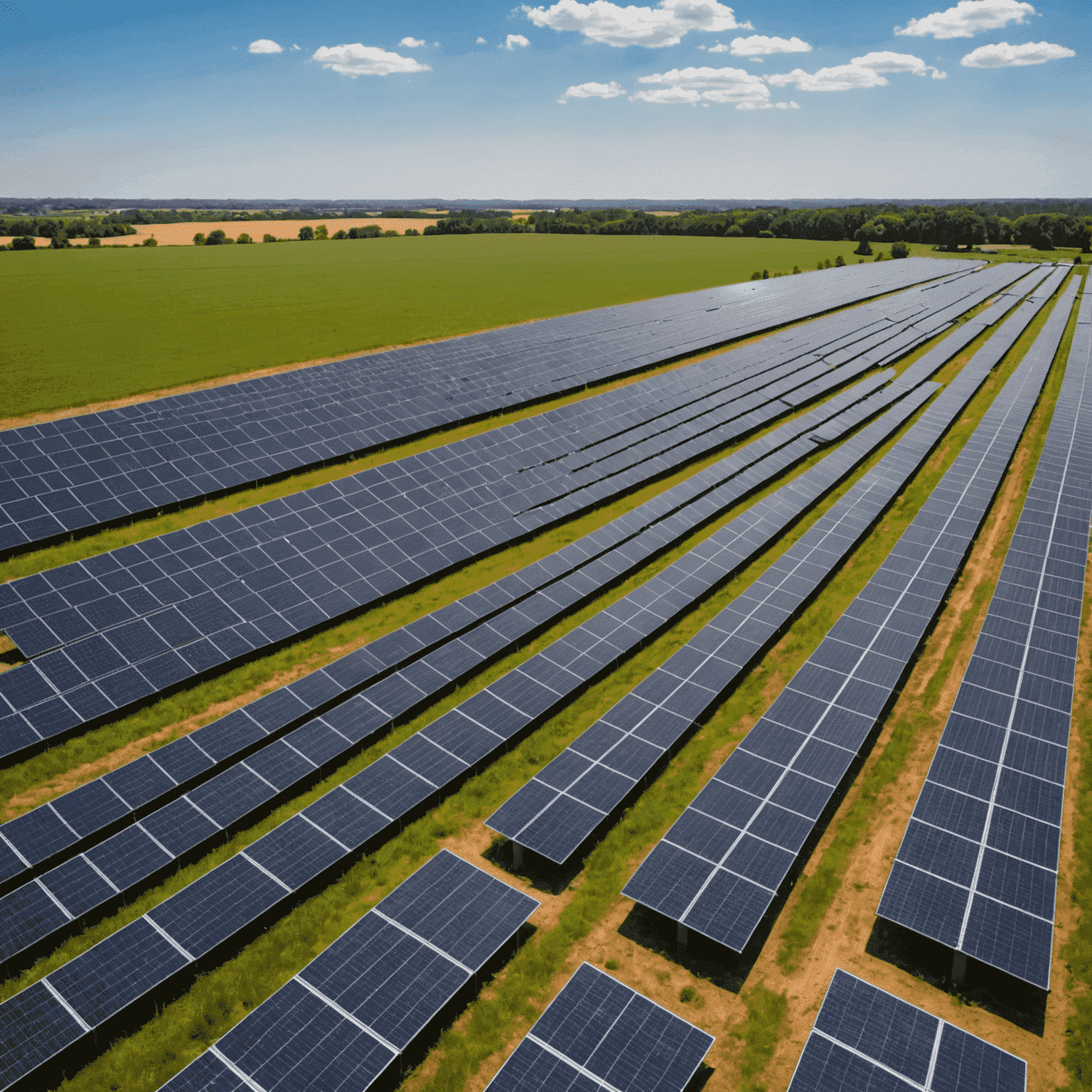 A vast field filled with rows of sleek, modern solar panels capturing the sun's energy to generate clean electricity.