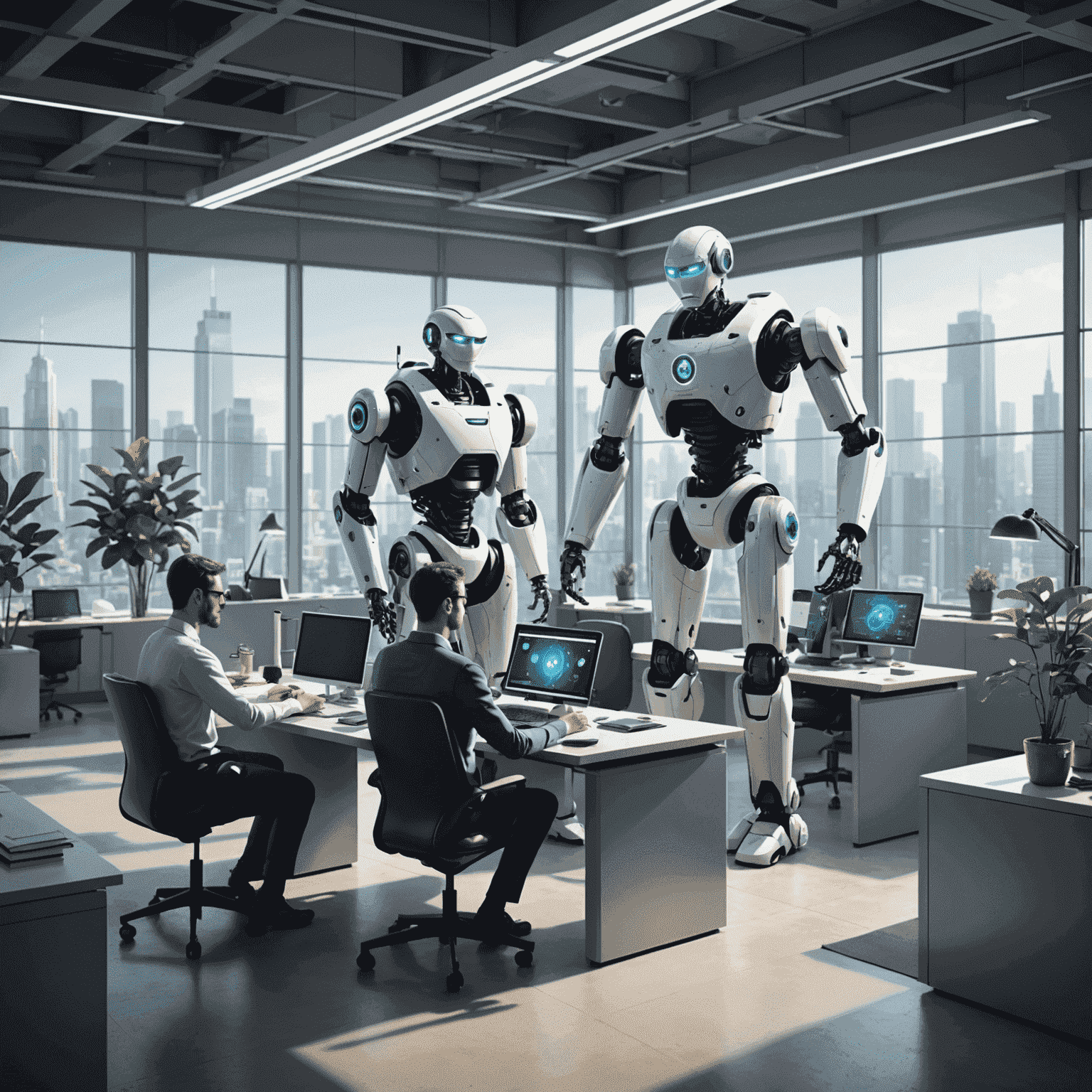 An illustration depicting robots and humans working together in a futuristic office setting, symbolizing the integration of automation and AI in the workplace