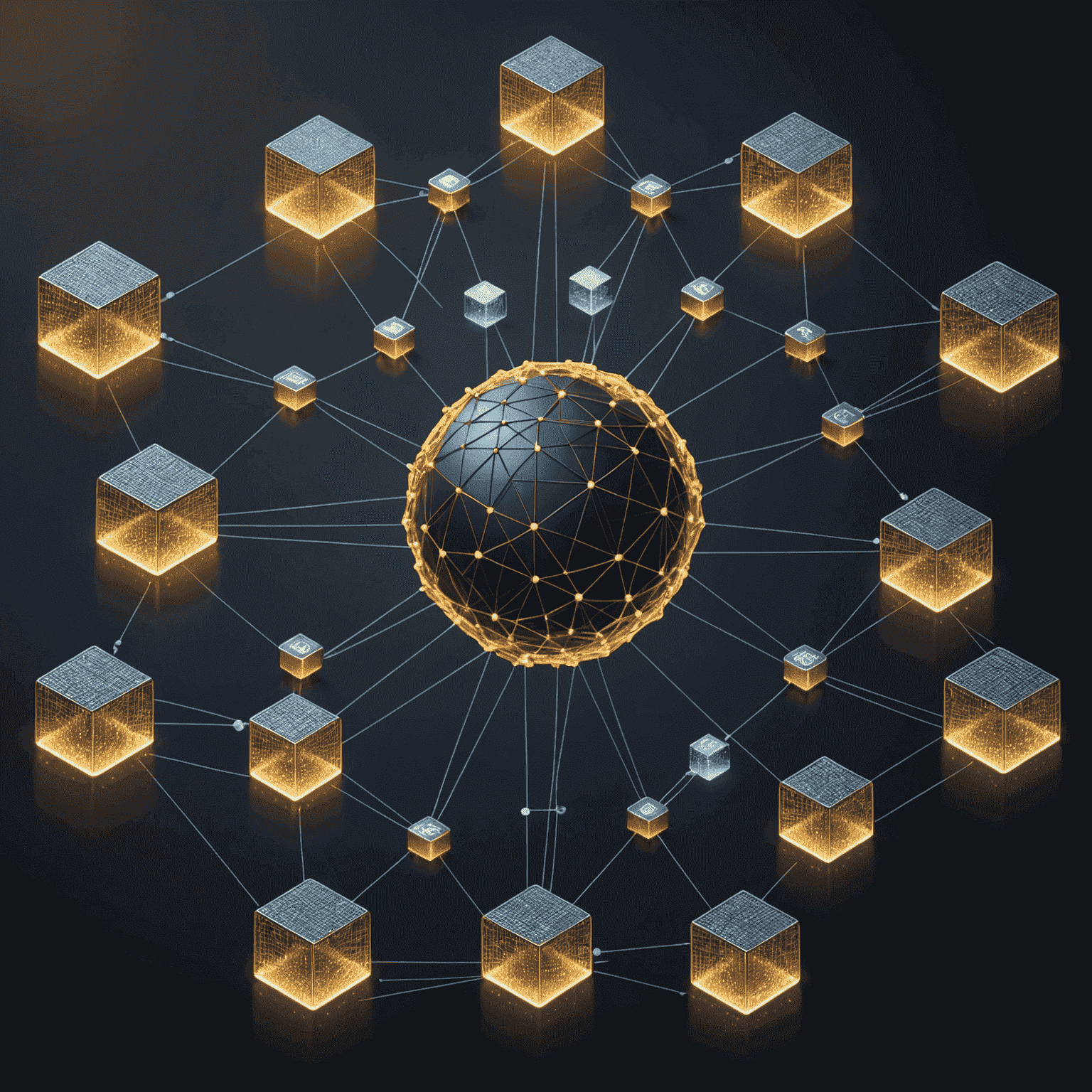 A visual representation of blockchain technology, showcasing a decentralized network of nodes, cryptographic hashes, and secure transactions. The image should convey the idea of a transparent, immutable, and distributed ledger system.