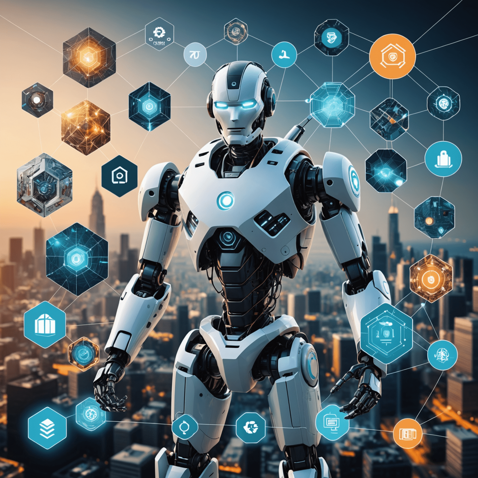 A collage of various emerging technologies, such as AI robots, blockchain networks, and IoT devices, showcasing the potential of these advancements to revolutionize industries and create new opportunities.