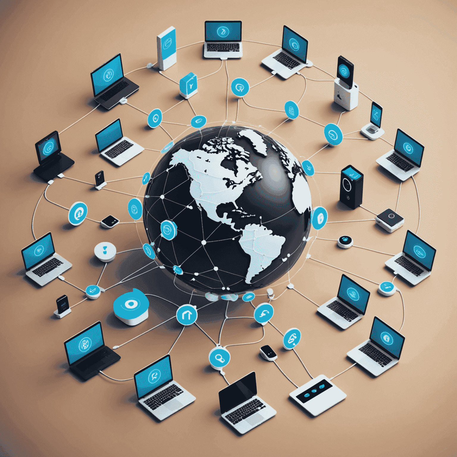 A visual representation of the Internet of Things (IoT), depicting a network of connected devices, sensors, and everyday objects exchanging data. The image should convey the idea of a smart, interconnected world where devices communicate and interact seamlessly.