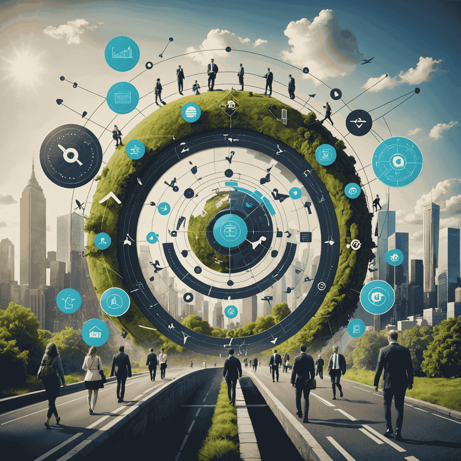 An image depicting people and businesses successfully navigating and adapting to a rapidly changing technological landscape, with symbols representing agility, innovation, and growth.