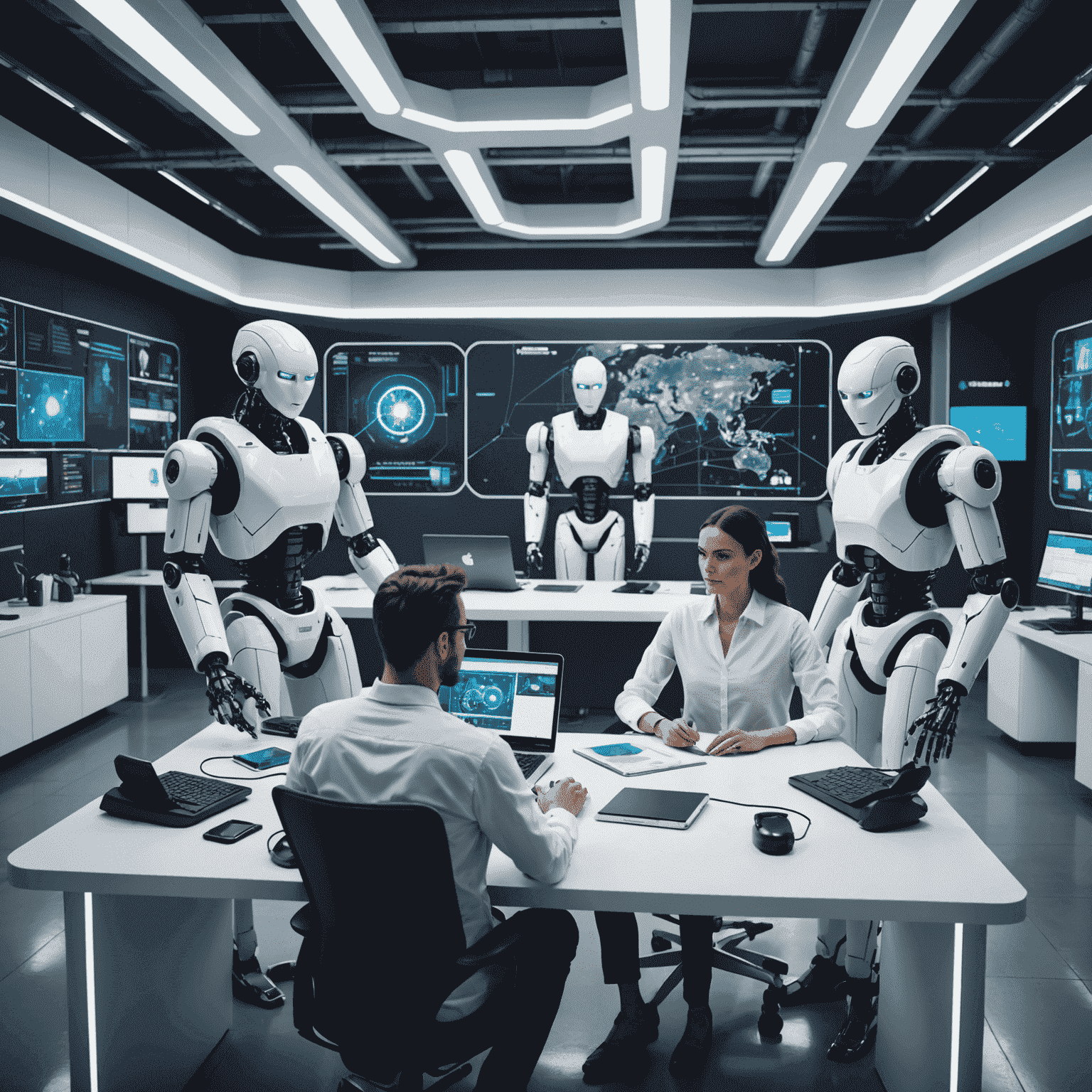 An image depicting a futuristic workplace, with humans and robots collaborating on tasks, symbolizing the transformation of the job market due to automation and AI, and the importance of developing new skills for the future economy.